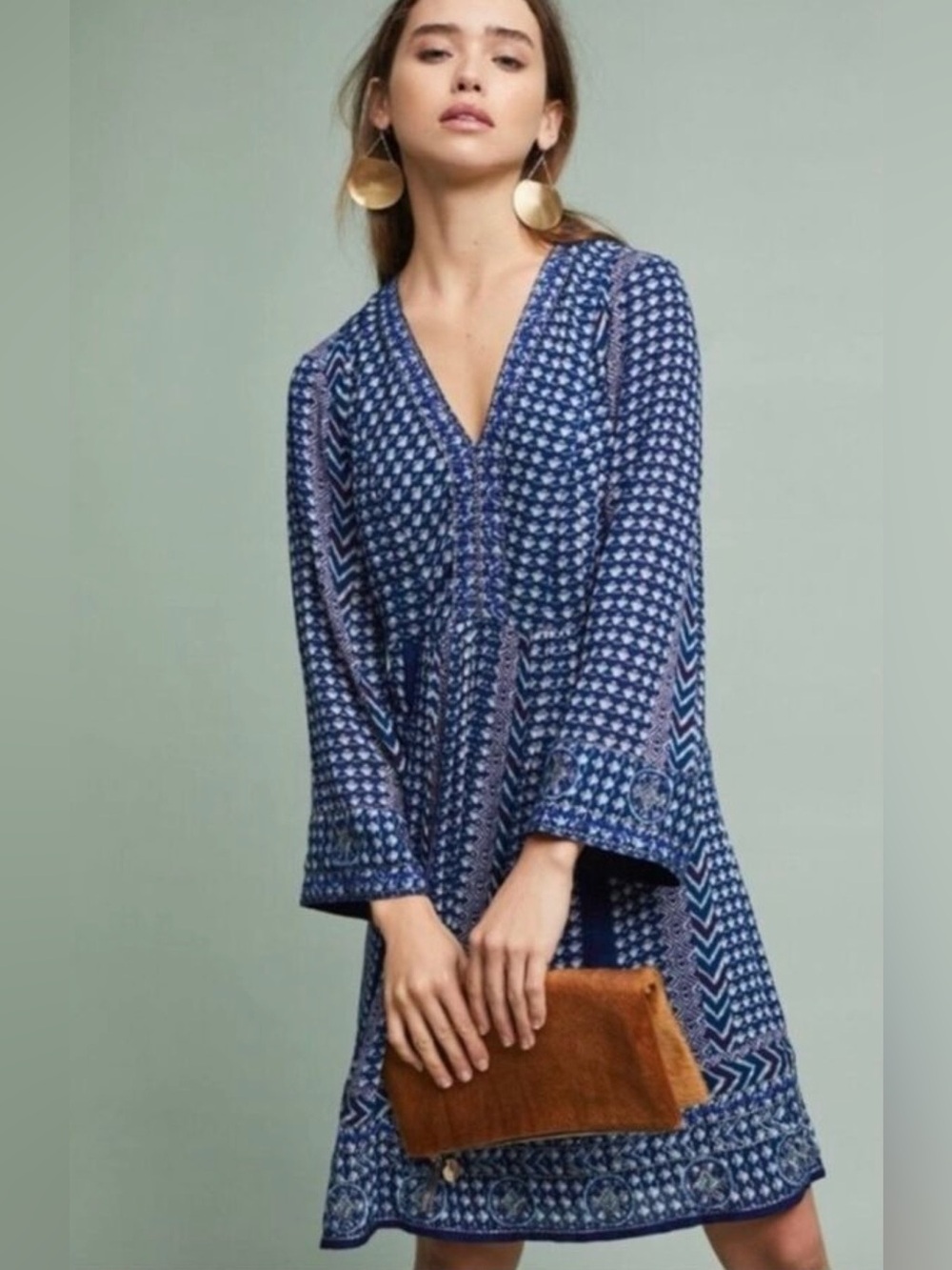 ANTHROPOLOGIE Akemi + Kin Rozalin Metallic Embroidered Flute Slv Mini Dress XS